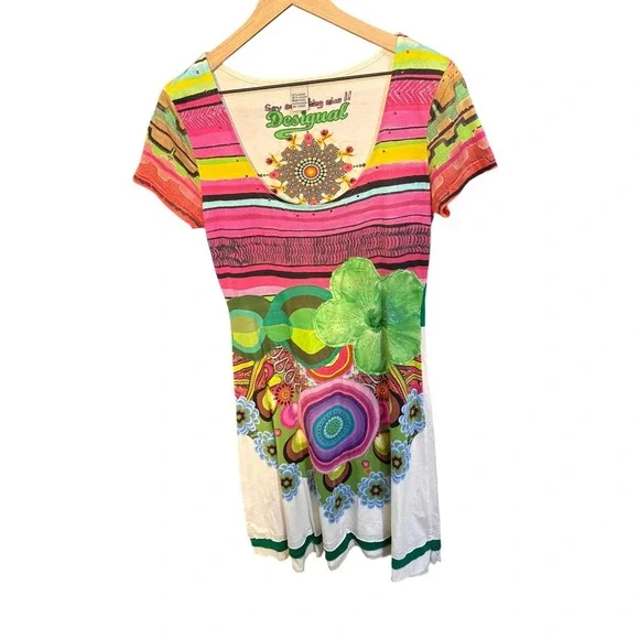 Desigual Womens Floral Geometric Print Dress Short Sleeve Multicolor 51V20X2 - Picture 2 of 6